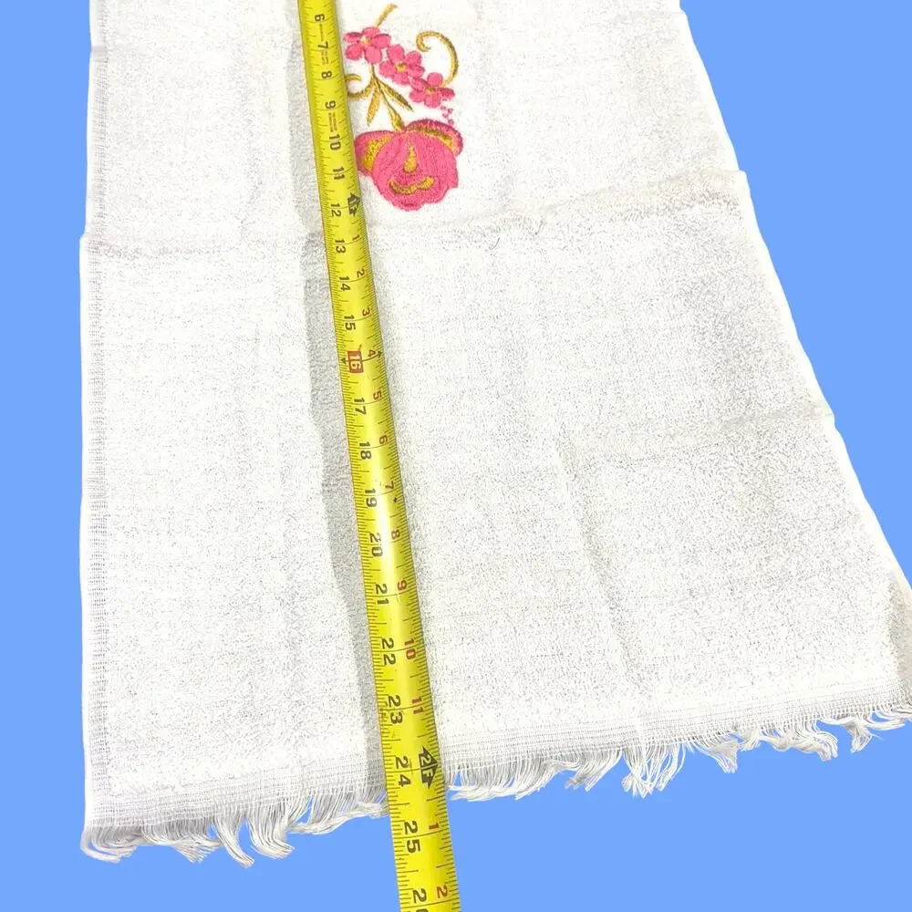 Vintage Towels by FMC White Hand Towel Pink Floral Embroidery Fringe 25
